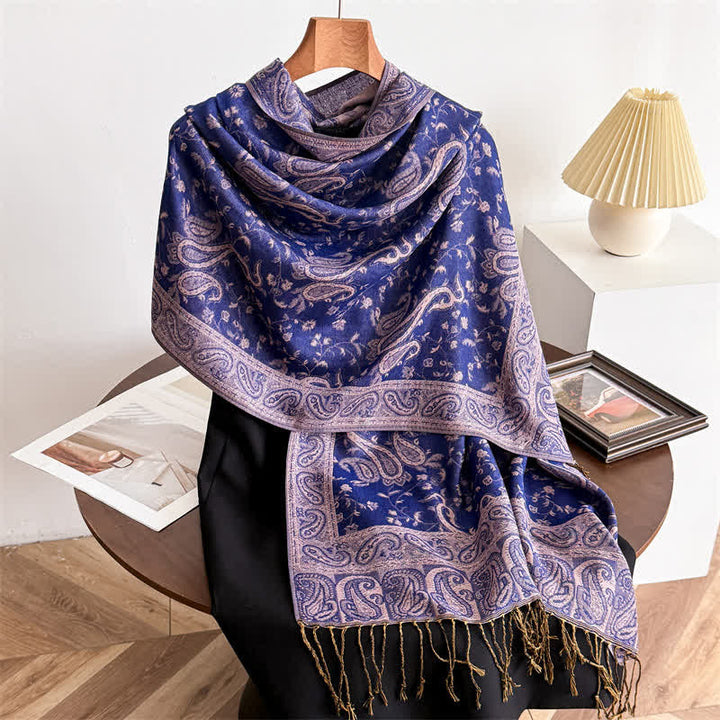 Écharpe jacquard à motif cachemire et fleurs cachemire style bohème, style voyage - Bleu marine violet - image 10