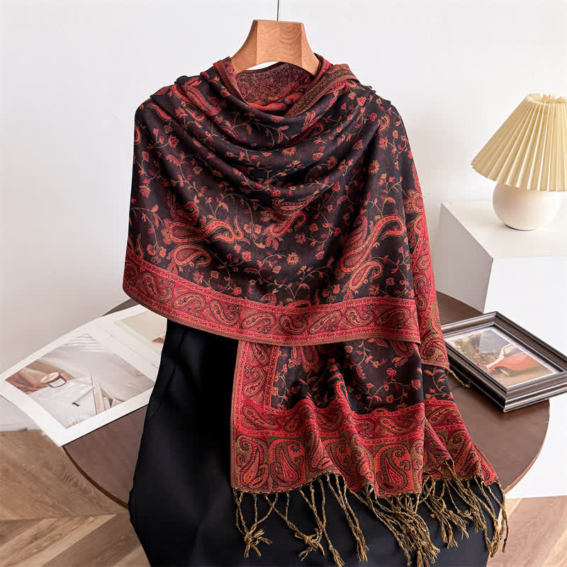 Écharpe jacquard à motif cachemire et fleurs cachemire style bohème, style voyage - Rouge foncé - image 16