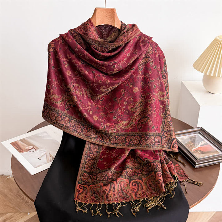 Écharpe jacquard à motif cachemire et fleurs cachemire style bohème, style voyage - Rouge vin - image 4