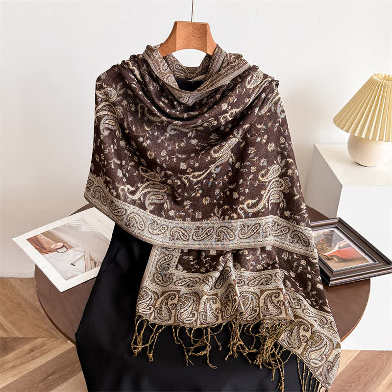 Écharpe jacquard à motif cachemire et fleurs cachemire style bohème, style voyage - Brun chocolat - image 12