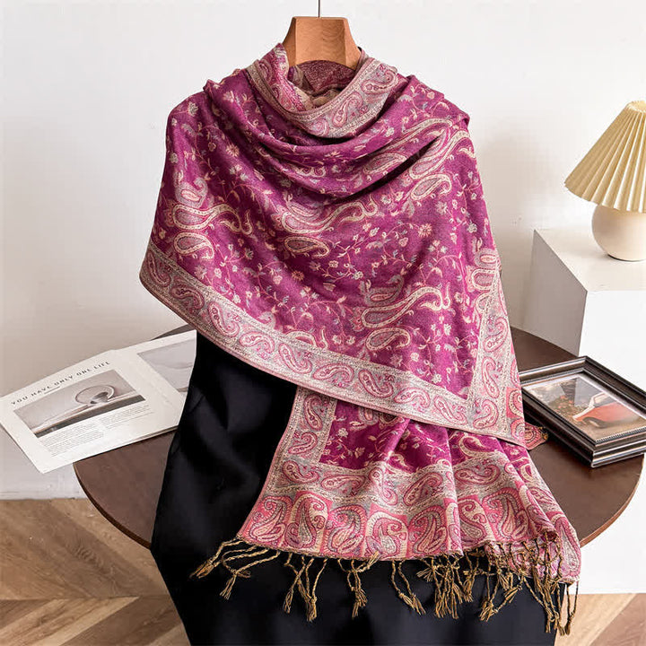 Écharpe jacquard à motif cachemire et fleurs cachemire style bohème, style voyage - Rose violet - image 26