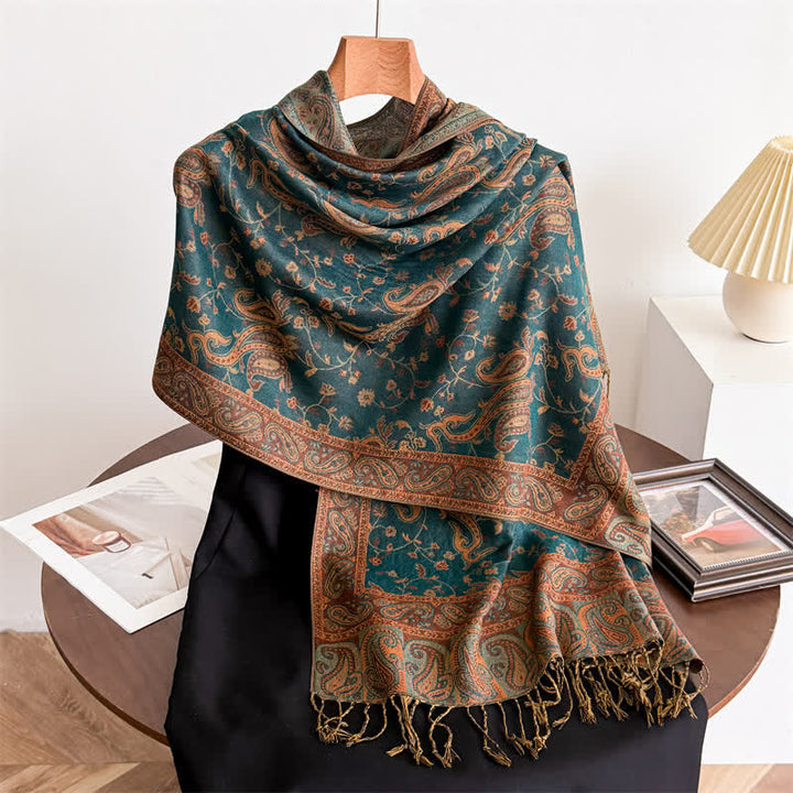 Écharpe jacquard à motif cachemire et fleurs cachemire style bohème, style voyage - Vert paon - image 8