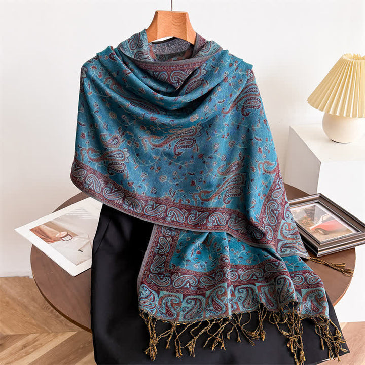 Écharpe jacquard à motif cachemire et fleurs cachemire style bohème, style voyage - Sarcelle - image 0