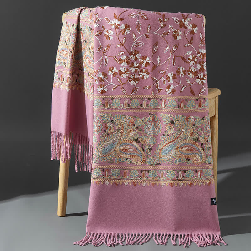 Écharpe de luxe pour femme, brodée de motifs floraux et cachemire. - Rouge violet pâle - image 21