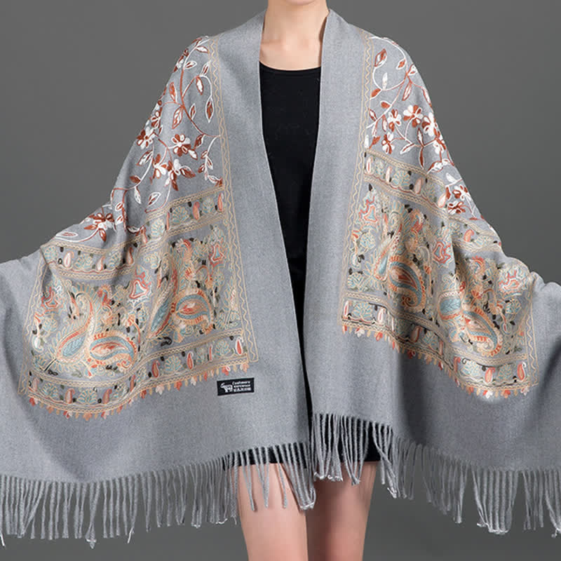 Écharpe de luxe pour femme, brodée de motifs floraux et cachemire. - Gris clair - image 2