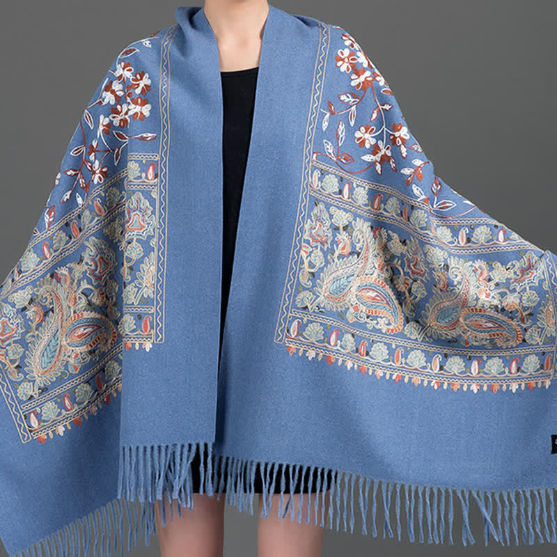 Écharpe de luxe pour femme, brodée de motifs floraux et cachemire. - Bleu denim - image 4