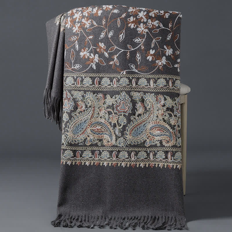 Écharpe de luxe pour femme, brodée de motifs floraux et cachemire. - Gris foncé - image 10
