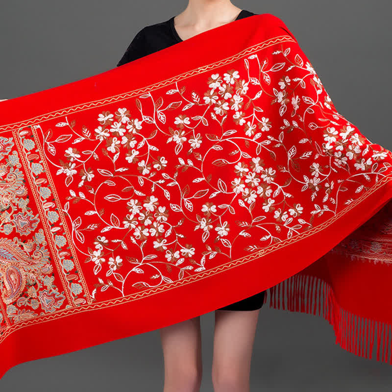 Écharpe de luxe pour femme, brodée de motifs floraux et cachemire. - Rouge - image 7
