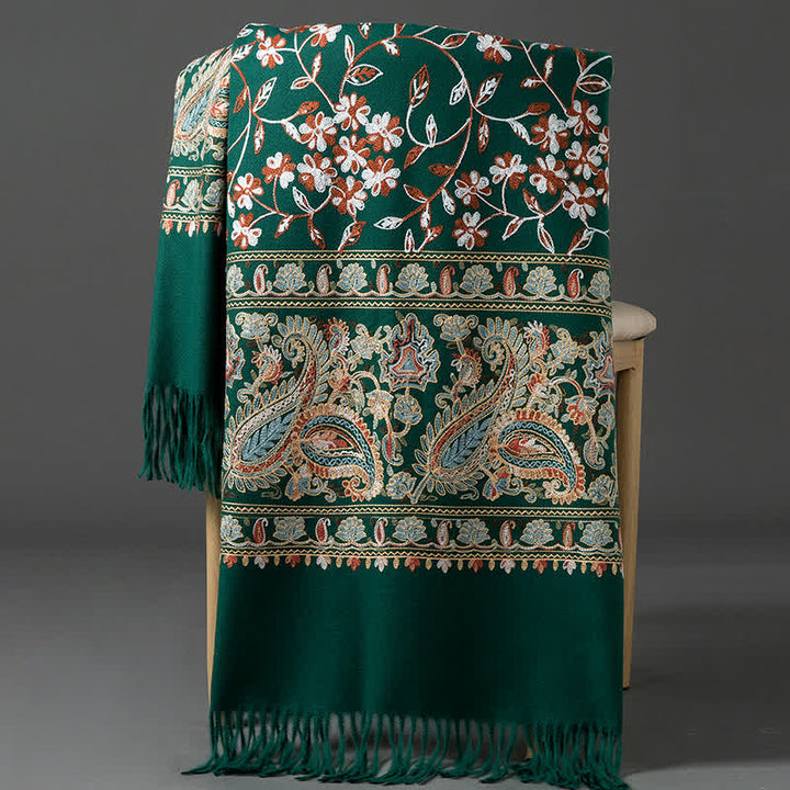 Écharpe de luxe pour femme, brodée de motifs floraux et cachemire. - Vert foncé - image 17