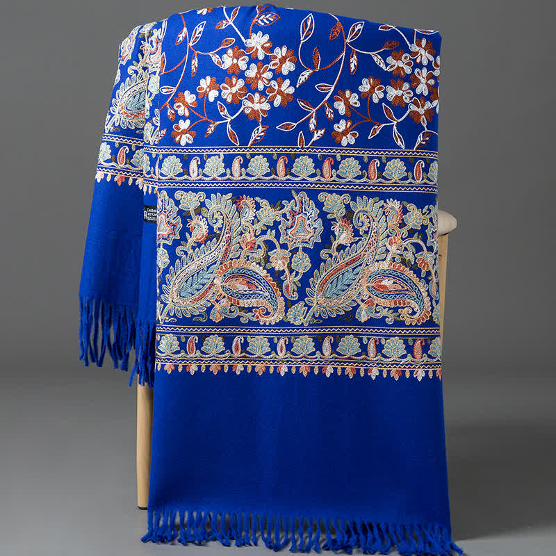Écharpe de luxe pour femme, brodée de motifs floraux et cachemire. - Bleu royal - image 12