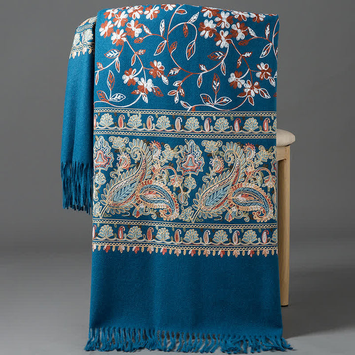 Écharpe de luxe pour femme, brodée de motifs floraux et cachemire. - Bleu acier - image 11