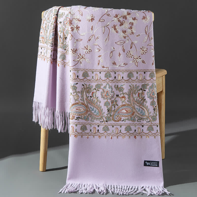Écharpe de luxe pour femme, brodée de motifs floraux et cachemire. - Violet clair - image 19
