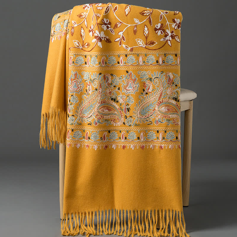 Écharpe de luxe pour femme, brodée de motifs floraux et cachemire. - Jaune - image 15