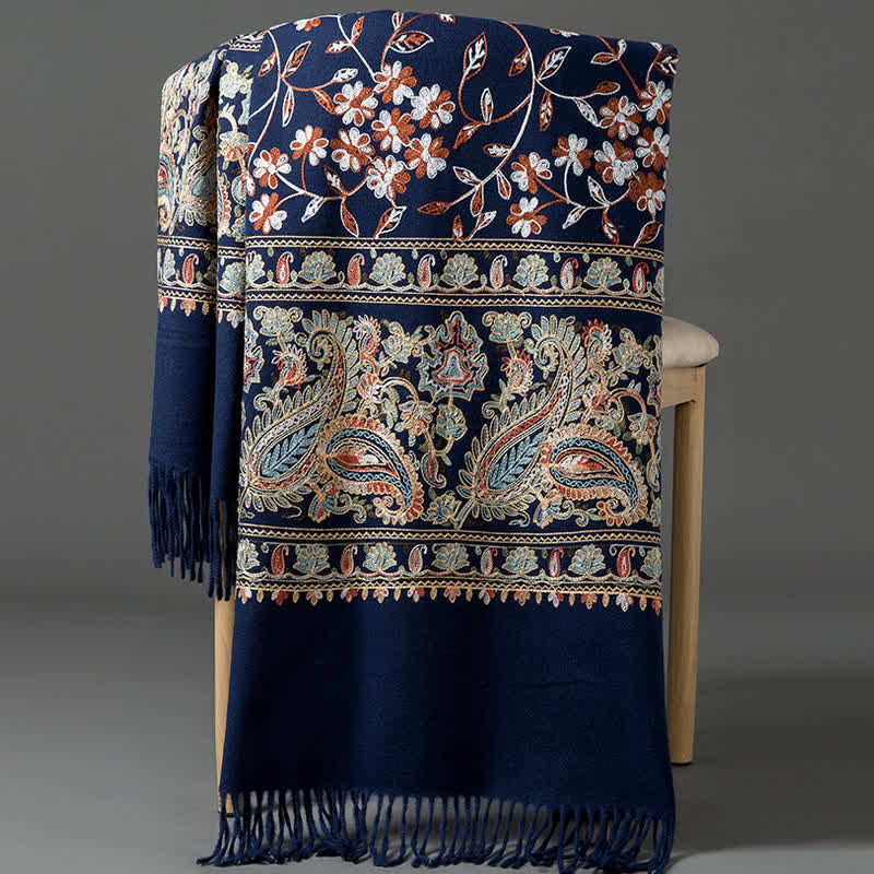 Écharpe de luxe pour femme, brodée de motifs floraux et cachemire. - Bleu marine - image 0