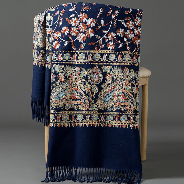 Écharpe de luxe pour femme, brodée de motifs floraux et cachemire. - Bleu marine - image 0