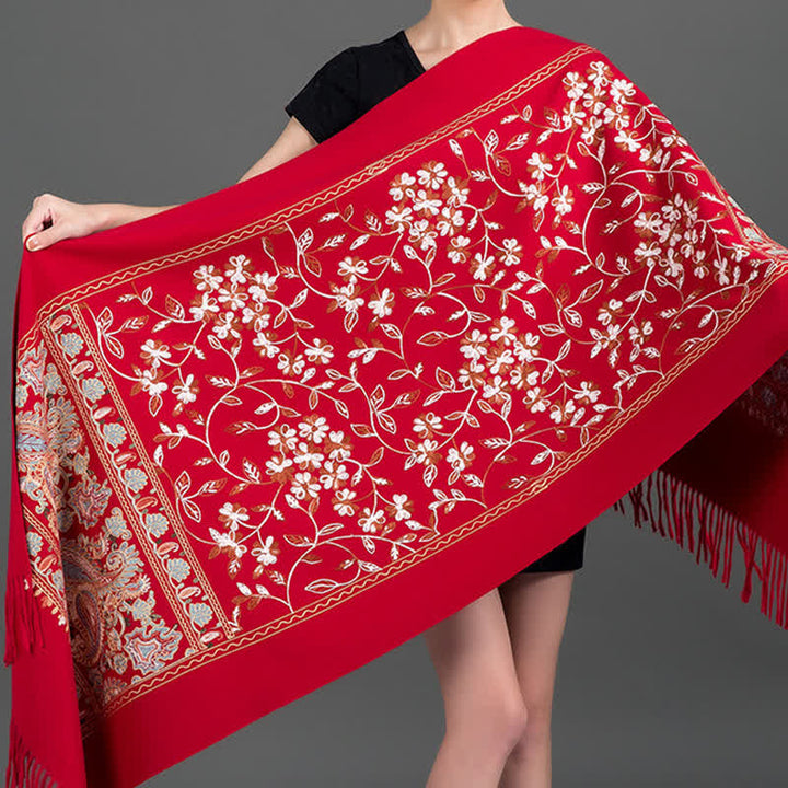 Écharpe de luxe pour femme, brodée de motifs floraux et cachemire. - Rouge foncé - image 8