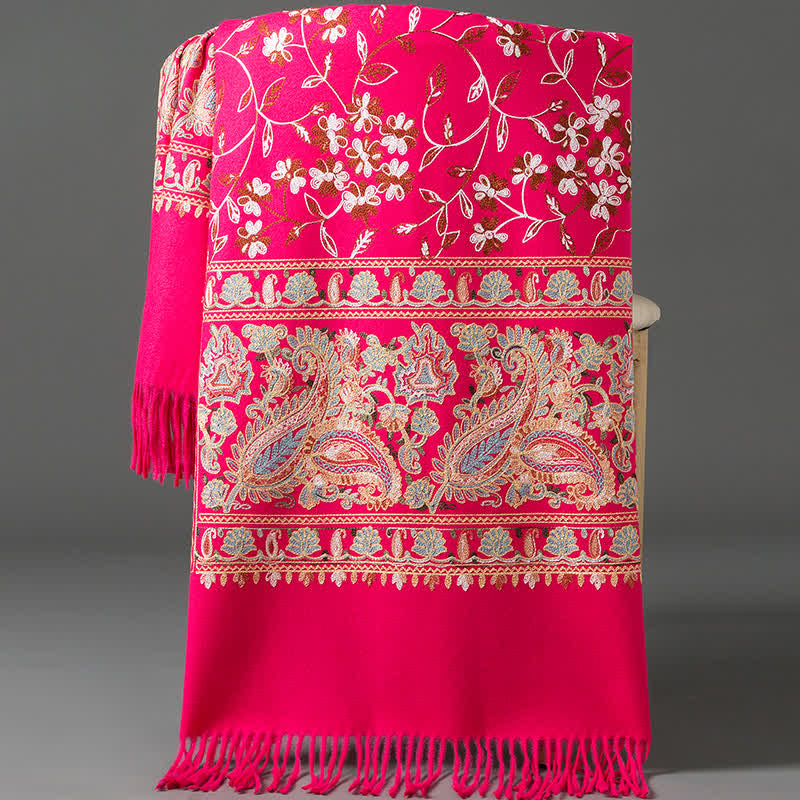 Écharpe de luxe pour femme, brodée de motifs floraux et cachemire. - Rose rouge - image 9