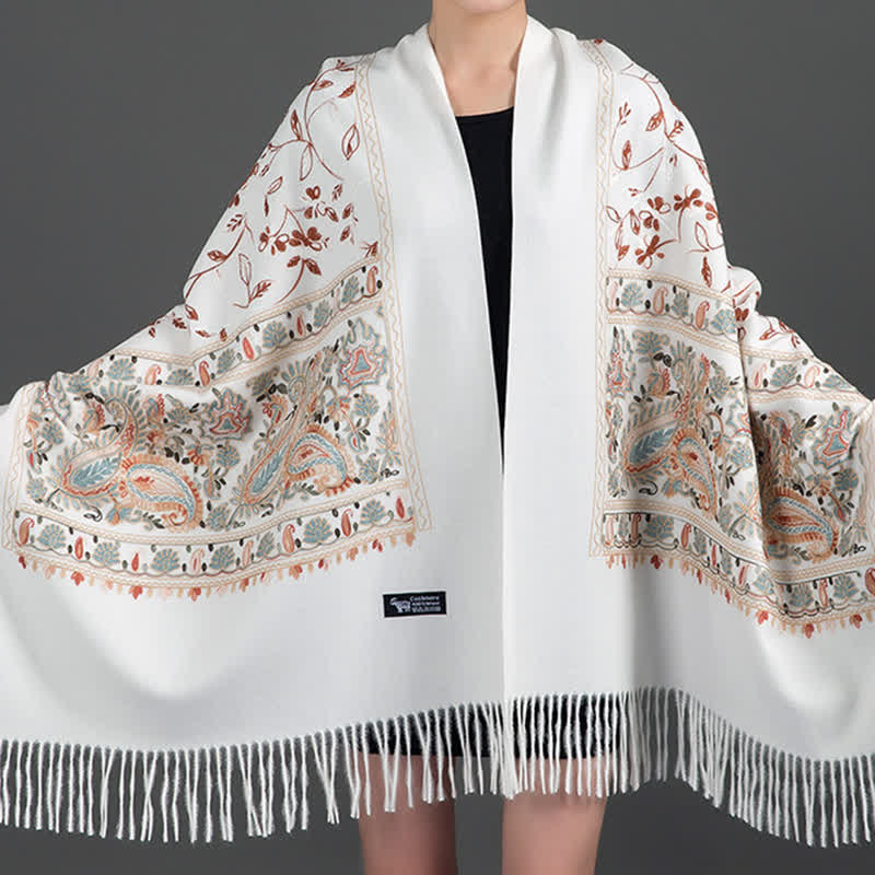 Écharpe de luxe pour femme, brodée de motifs floraux et cachemire. - Blanc - image 1