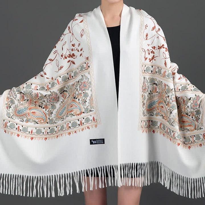 Écharpe de luxe pour femme, brodée de motifs floraux et cachemire. - Blanc - image 1