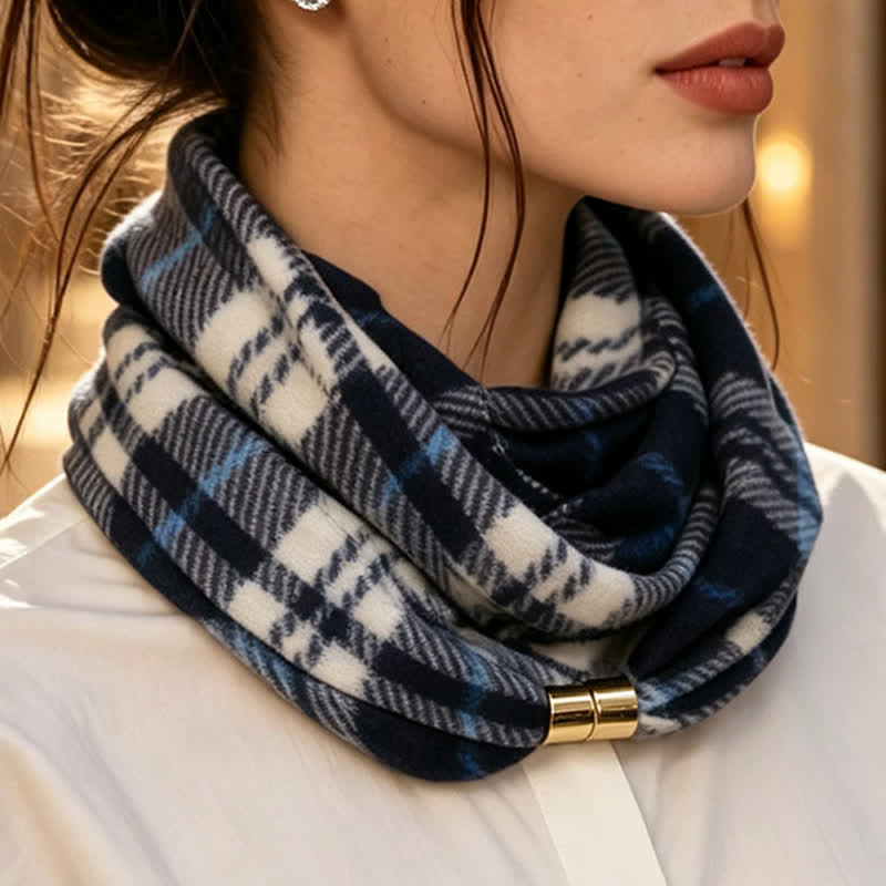 Écharpe cache-cou d'hiver à carreaux avec fermeture magnétique - Bleu et blanc - image 6