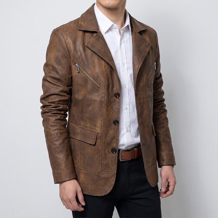 Manteau de motard décontracté en cuir PU vieilli pour homme - image 3