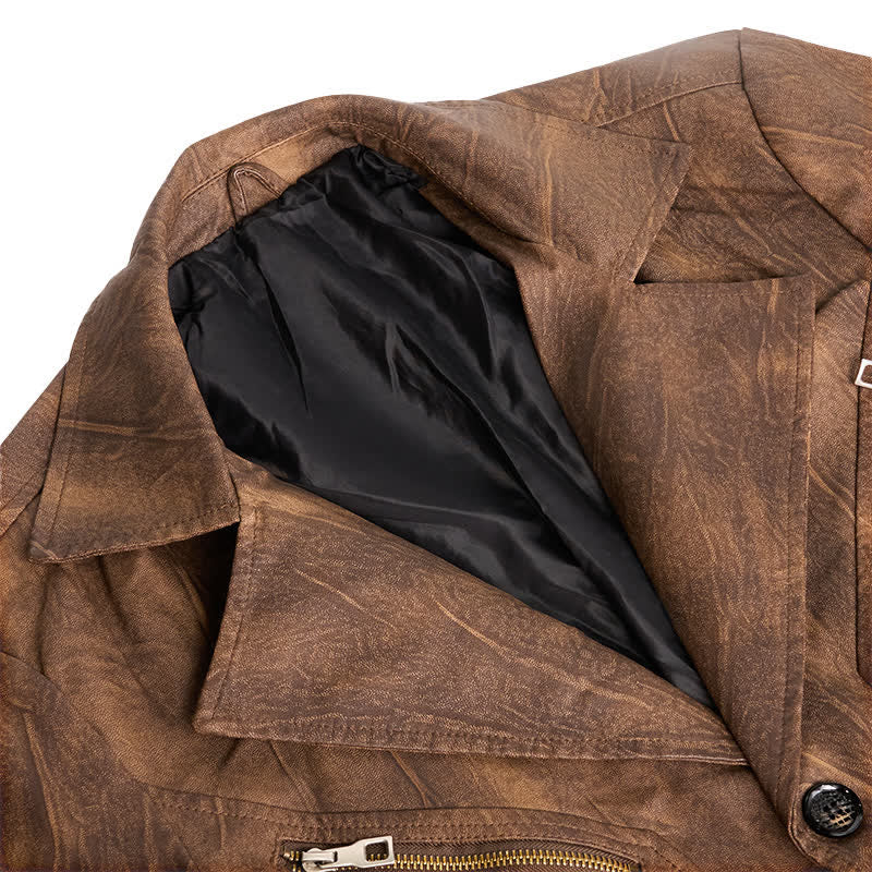 Manteau de motard décontracté en cuir PU vieilli pour homme - image 5