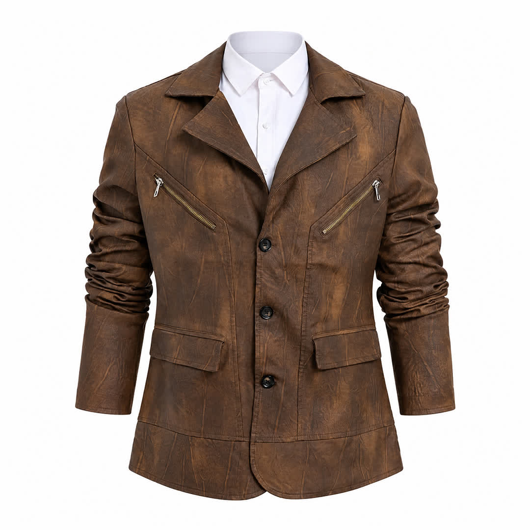Manteau de motard décontracté en cuir PU vieilli pour homme - image 11