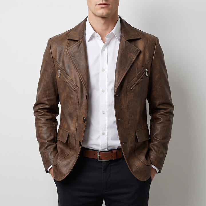 Manteau de motard décontracté en cuir PU vieilli pour homme - image 1