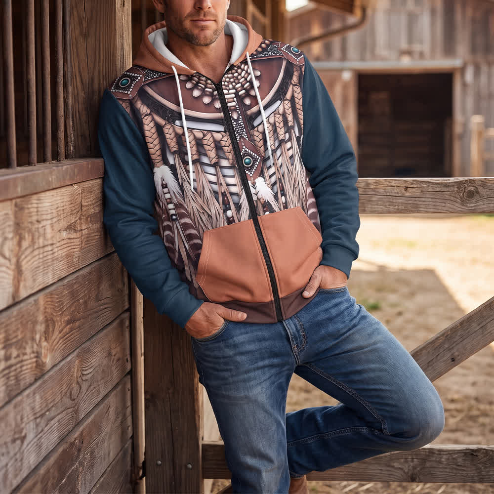 Veste à capuche zippée pour homme avec motif tribal imprimé en 3D - Café et marine - 5XL - image 0