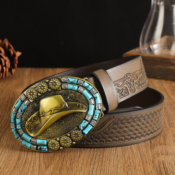 Ceinture en cuir avec chapeau de cowboy doré pour homme et décor turquoise