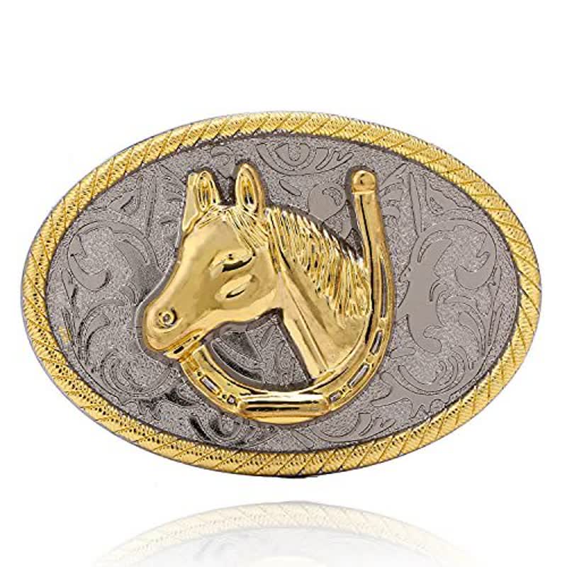 Ceinture en cuir à boucle en forme de fer à cheval doré pour homme