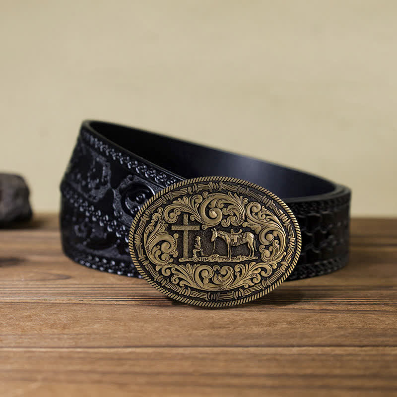Ceinture en cuir à boucle ovale pour homme avec motif cowboy priant