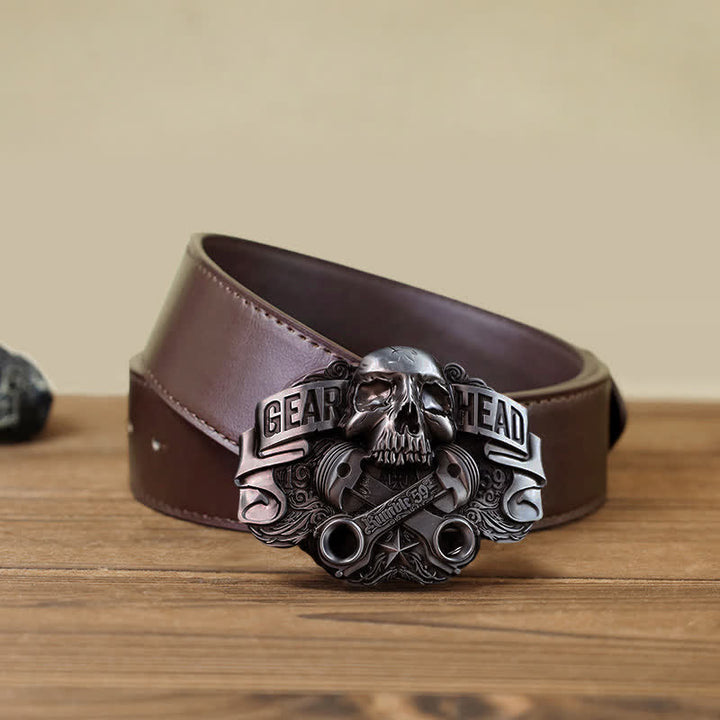 Ceinture en cuir à boucle tête de mort pour homme avec tête de piston et tête de mort