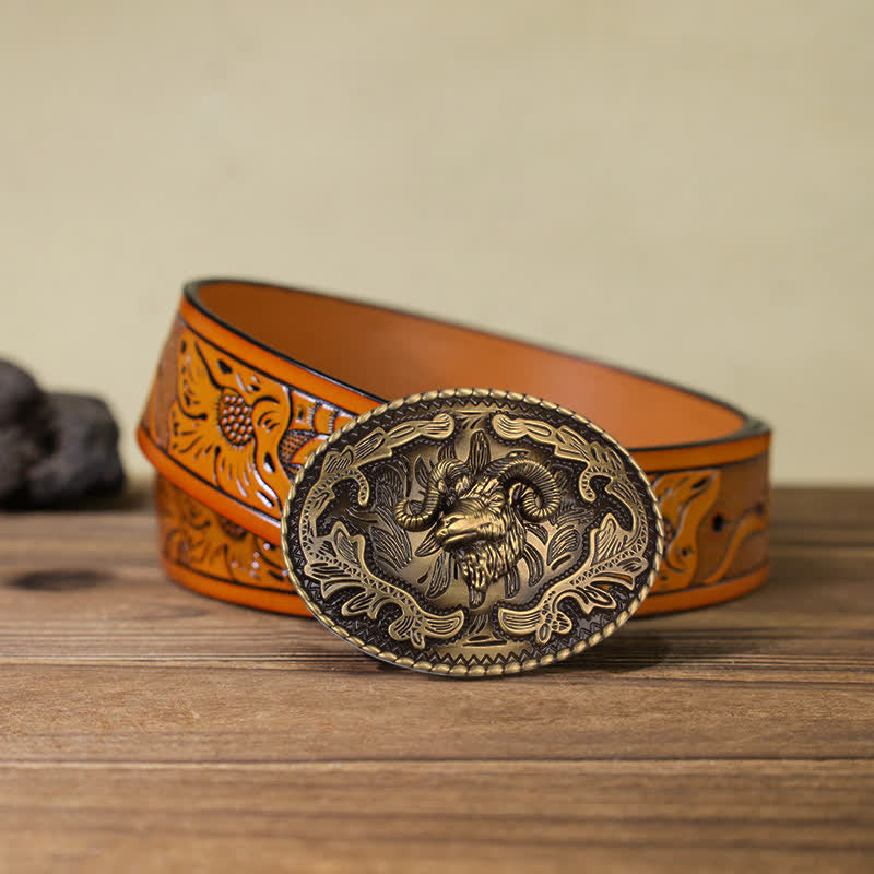 Ceinture en cuir à boucle tête de chèvre sauvage en bronze pour homme