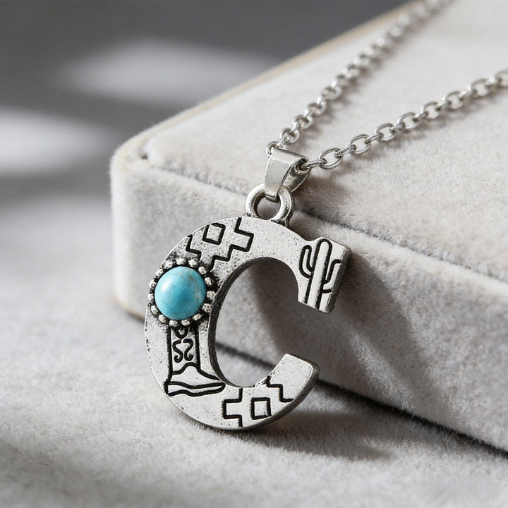 Collier vintage avec pendentif turquoise et initiale - C - image 5