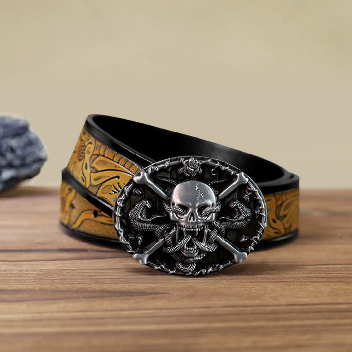 Ceinture en cuir à boucle serpent gothique pour homme avec tête de mort et croix