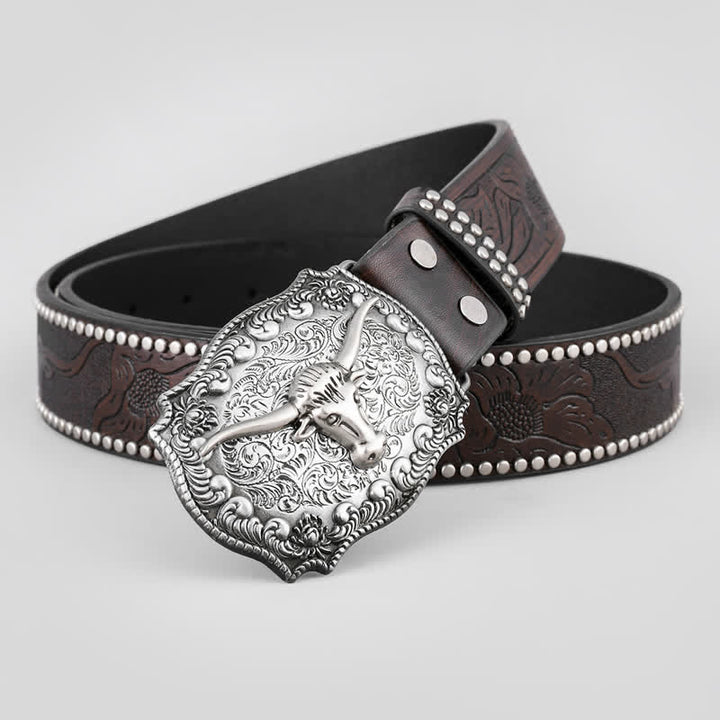 Ceinture en cuir à boucle carrée gravée en argent pour homme