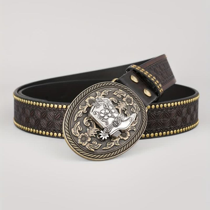 Ceinture en cuir à boucle ovale pour bottes rétro argentées pour hommes