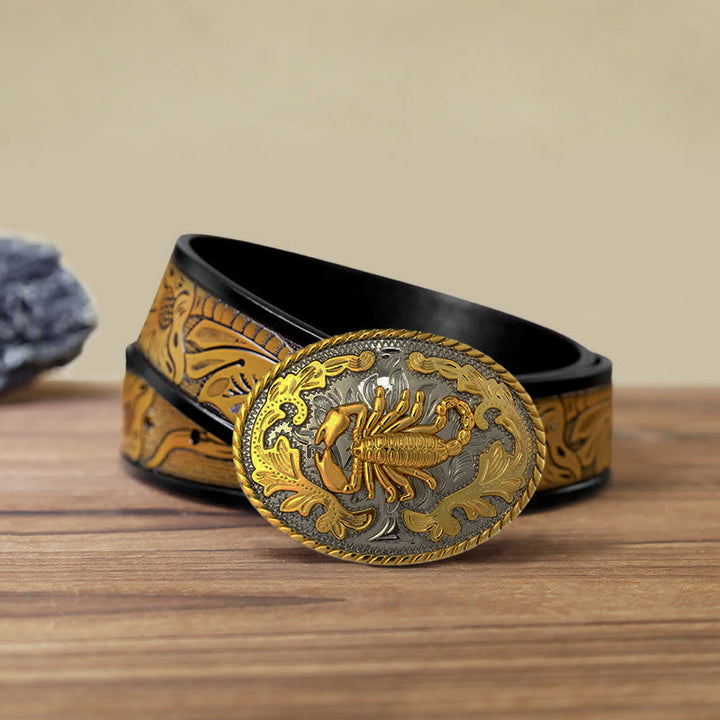 Ceinture en cuir à boucle scorpion doré pour homme