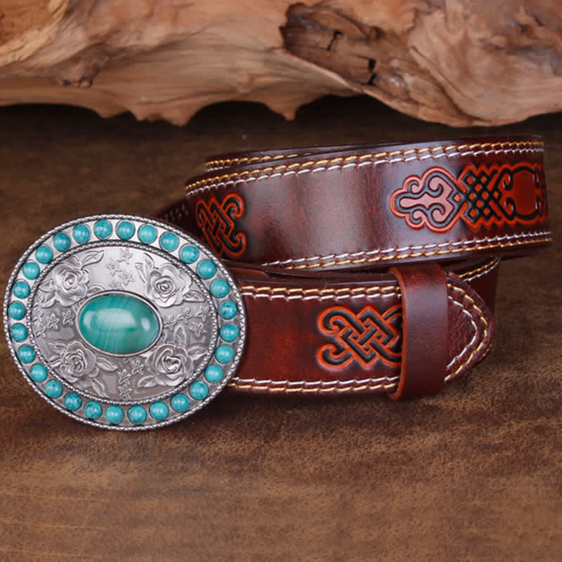 Ceinture unisexe en cuir sculpté avec agate de jade turquoise rose