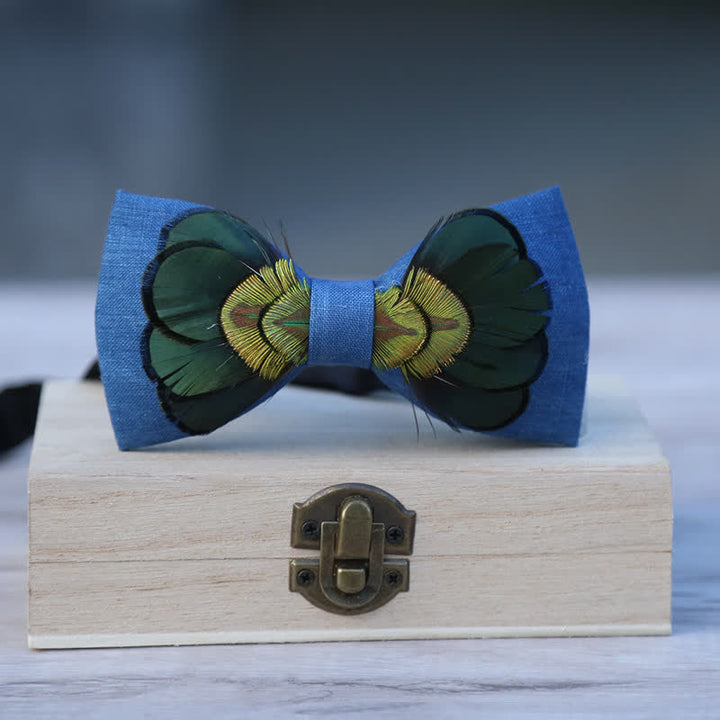 Nœud papillon en plumes de paon en lin vert foncé et bleu