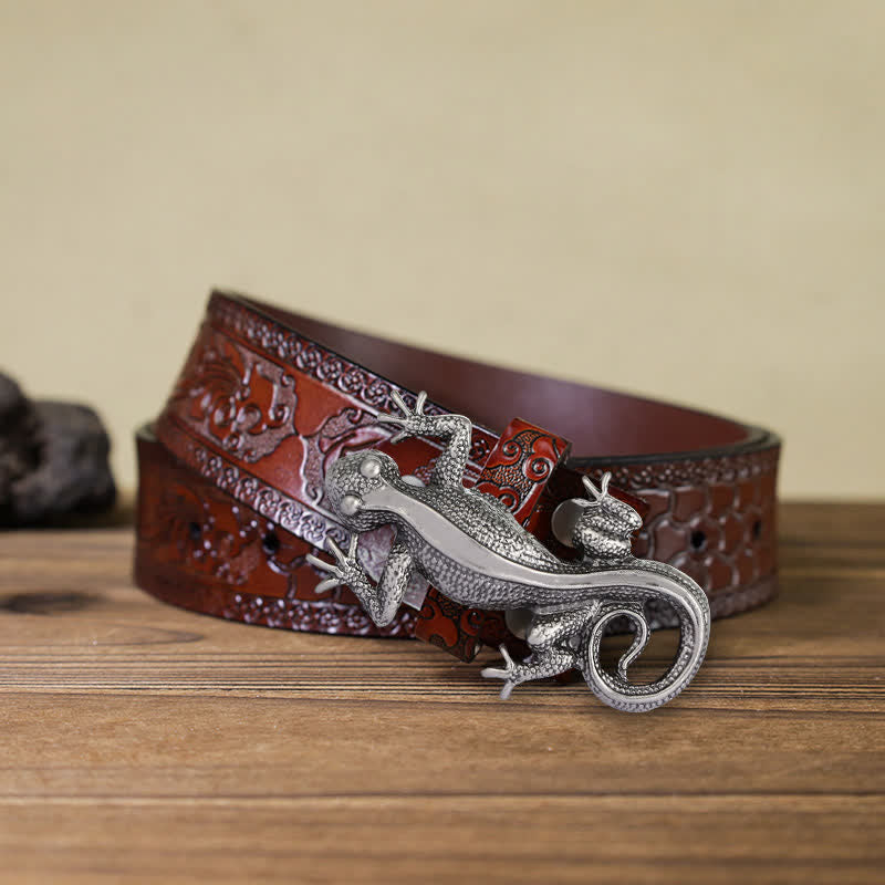 Ceinture en cuir à boucle unique en forme de lézard argenté pour homme