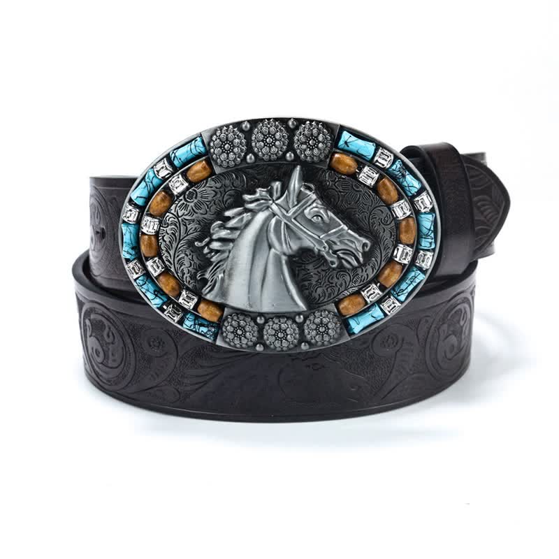 Ceinture en cuir turquoise pour homme avec tête de cheval de cow-boy