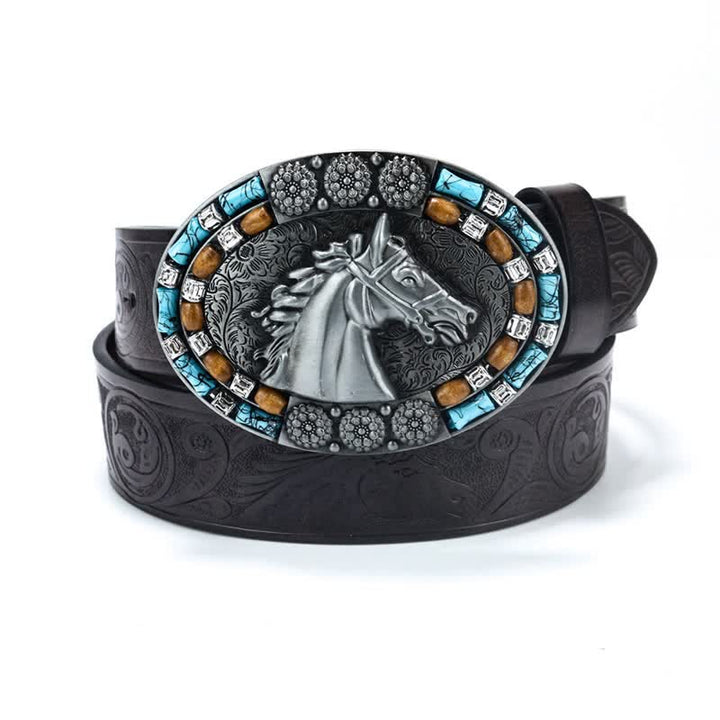 Ceinture en cuir turquoise pour homme avec tête de cheval de cow-boy