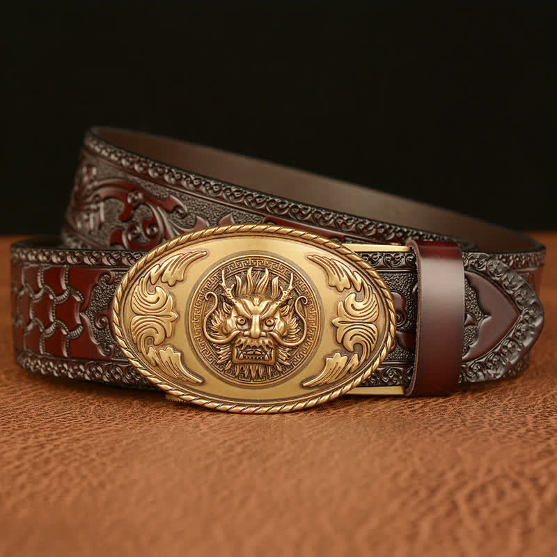 Ceinture en cuir à boucle elliptique pour homme avec dragon