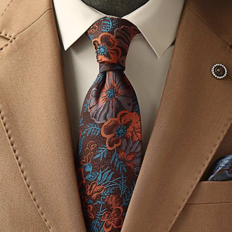 Cravate à motif floral orange brûlé et turquoise pour homme - Orange - image 0