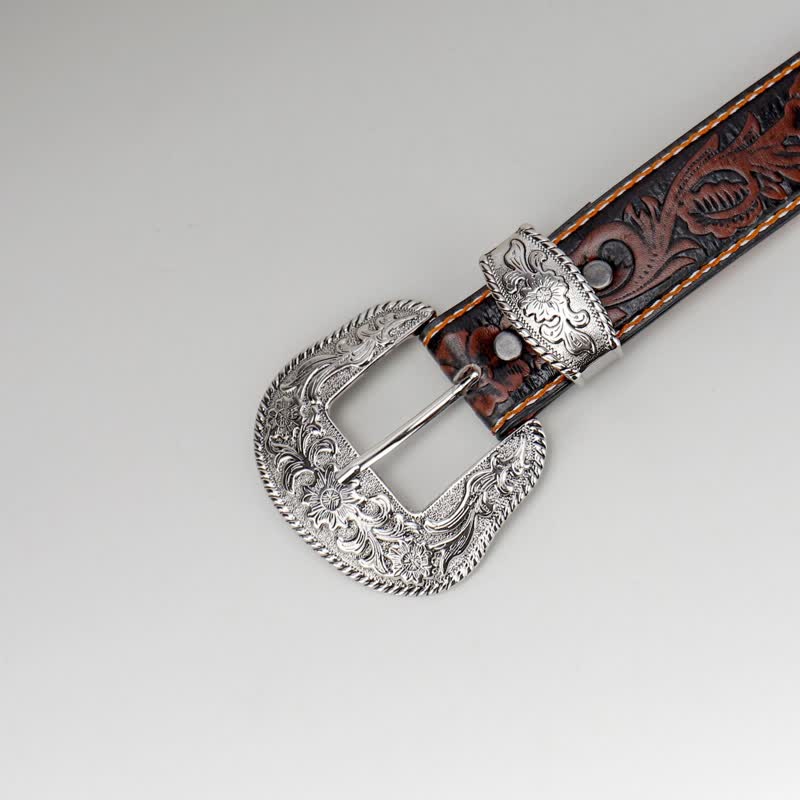 Ceinture en cuir gravé à fleurs vintage pour femme couleur café