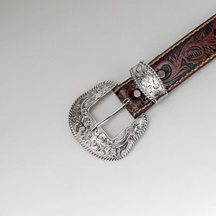Ceinture en cuir gravé à fleurs vintage pour femme couleur café