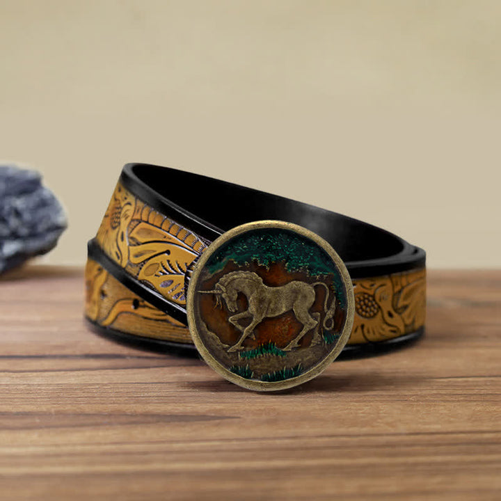 Ceinture en cuir à boucle en bronze antique pour homme avec licorne mystique