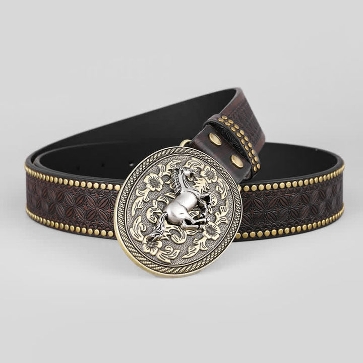 Ceinture en cuir à boucle florale pour homme avec motif cheval fort
